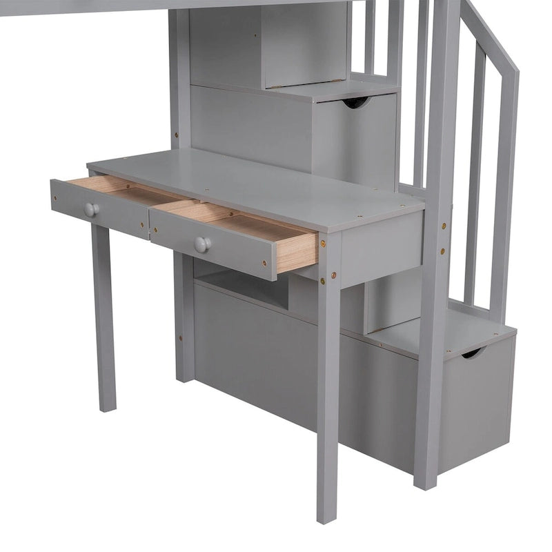 Lit mezzanine une place avec bureau et escalier de rangement, cadre de lit en bois gain de place avec tiroirs et étagères
