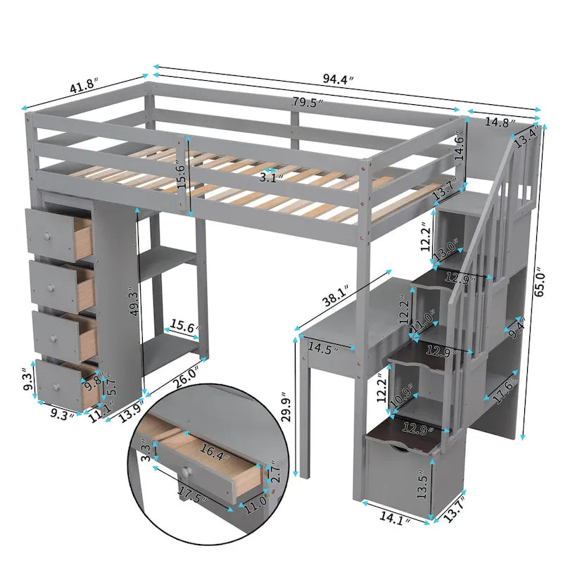 Lit mezzanine une place avec bureau et escalier de rangement, cadre de lit en bois gain de place avec tiroirs et étagères
