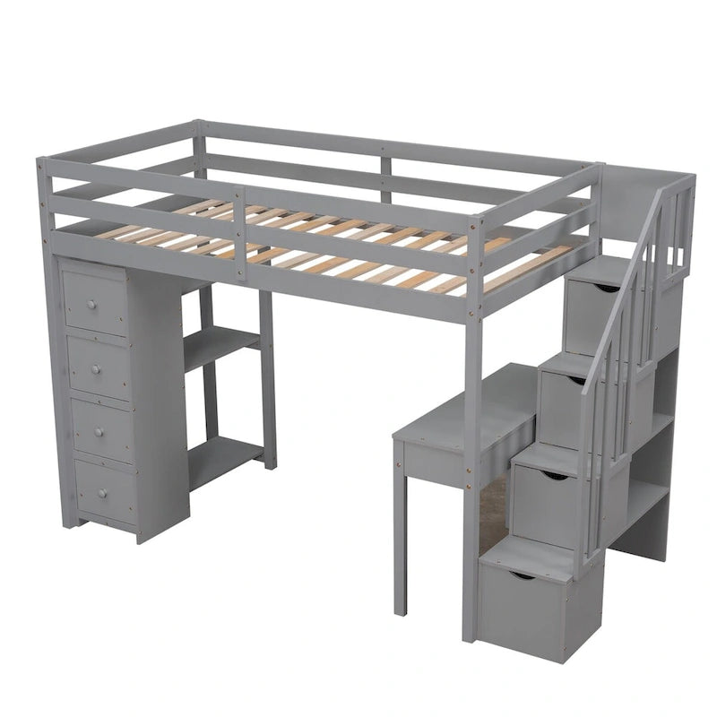 Lit mezzanine une place avec bureau et escalier de rangement, cadre de lit en bois gain de place avec tiroirs et étagères