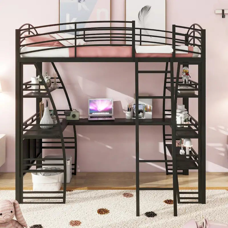 Twin Size Loft Bed with 4 Layers of Shelves and L-shaped Desk, with a set of Sockets, USB Ports and and Wireless Charging