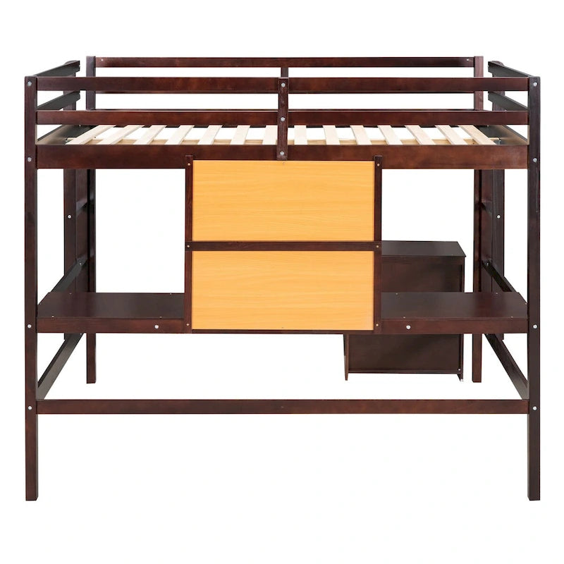 Lit mezzanine double en bois avec bureau, tableau blanc et armoire à 2 tiroirs