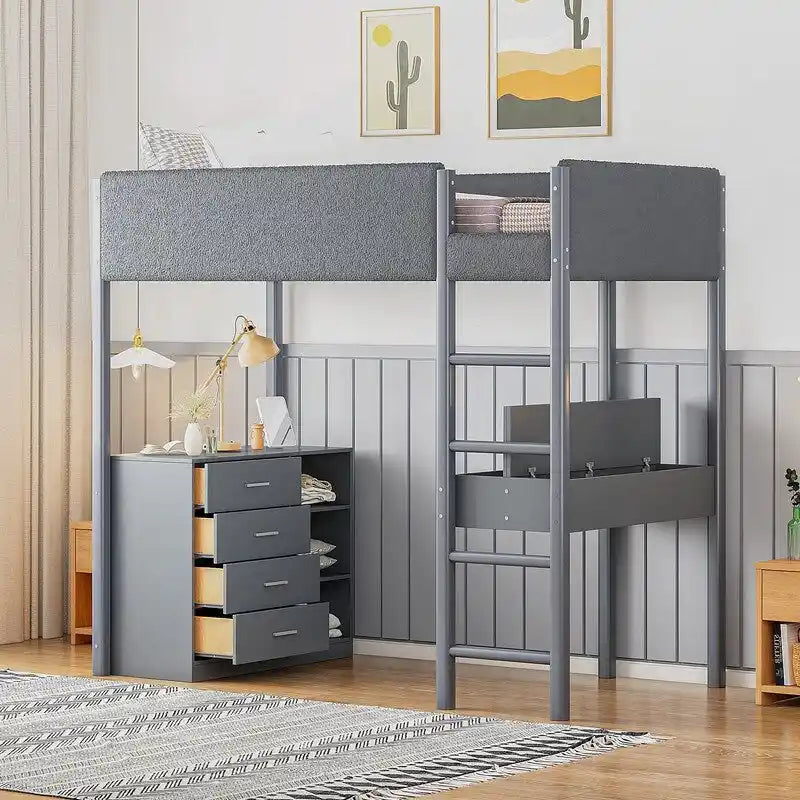 Lit mezzanine en bois avec revêtement en polaire teddy, tiroirs et bureau convertible