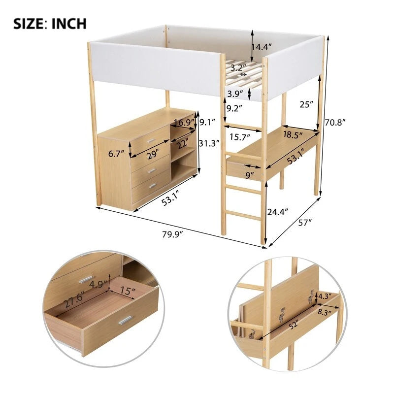 Lit mezzanine en bois avec revêtement en polaire teddy, tiroirs et bureau convertible