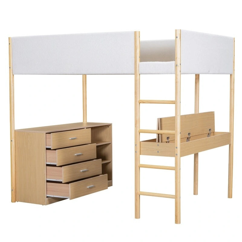 Lit mezzanine en bois avec revêtement en polaire teddy, tiroirs et bureau convertible