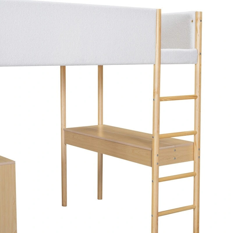 Lit mezzanine en bois avec revêtement en polaire teddy, tiroirs et bureau convertible