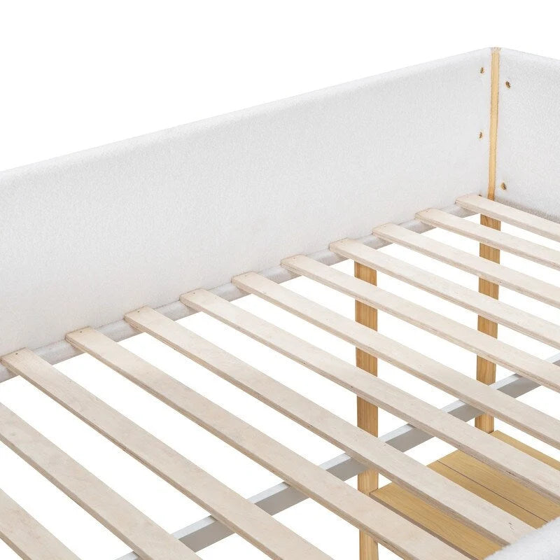 Lit mezzanine en bois avec revêtement en polaire teddy, tiroirs et bureau convertible