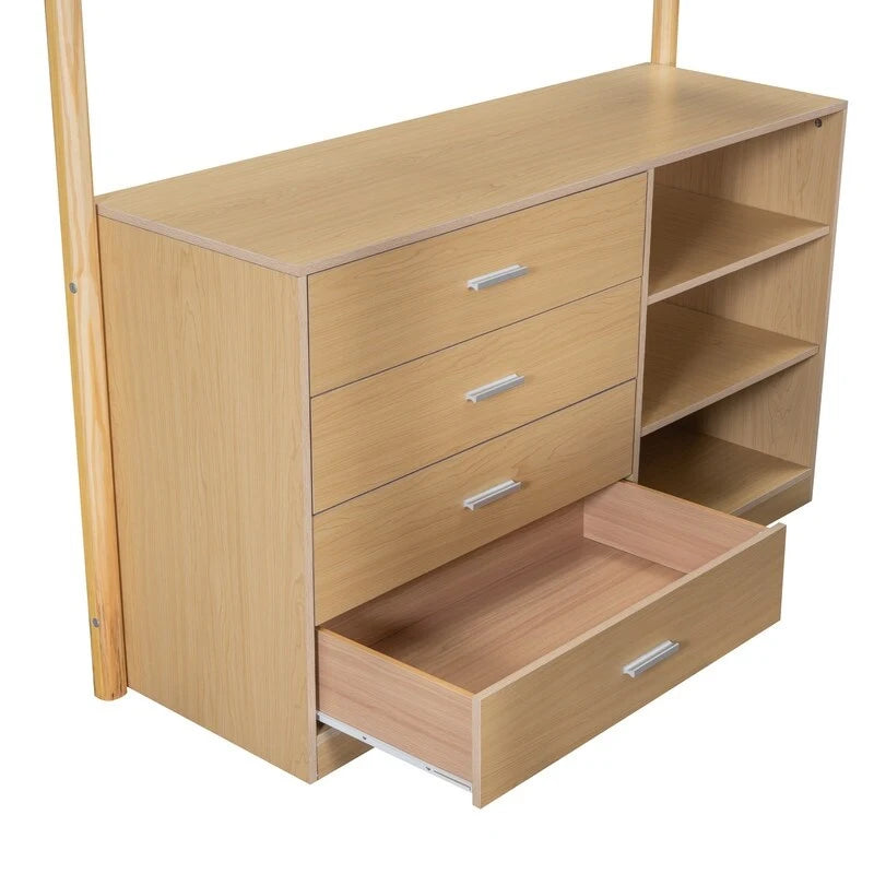 Lit mezzanine en bois avec revêtement en polaire teddy, tiroirs et bureau convertible