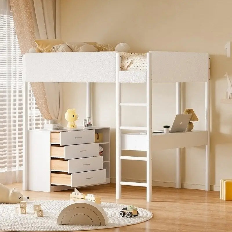 Lit mezzanine en bois avec revêtement en polaire teddy, tiroirs et bureau convertible