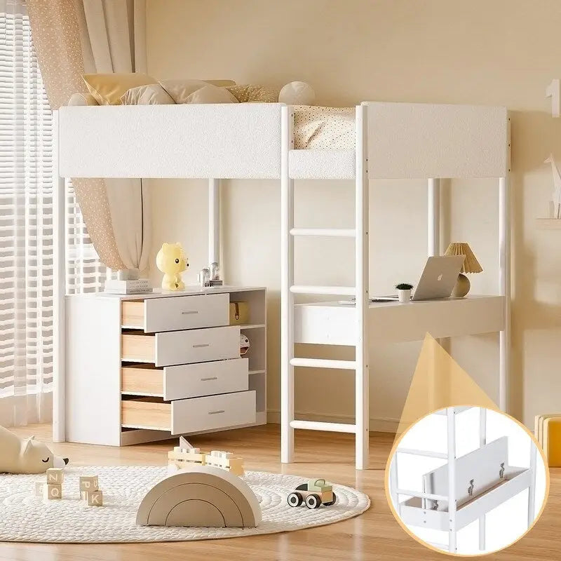 Lit mezzanine en bois avec revêtement en polaire teddy, tiroirs et bureau convertible