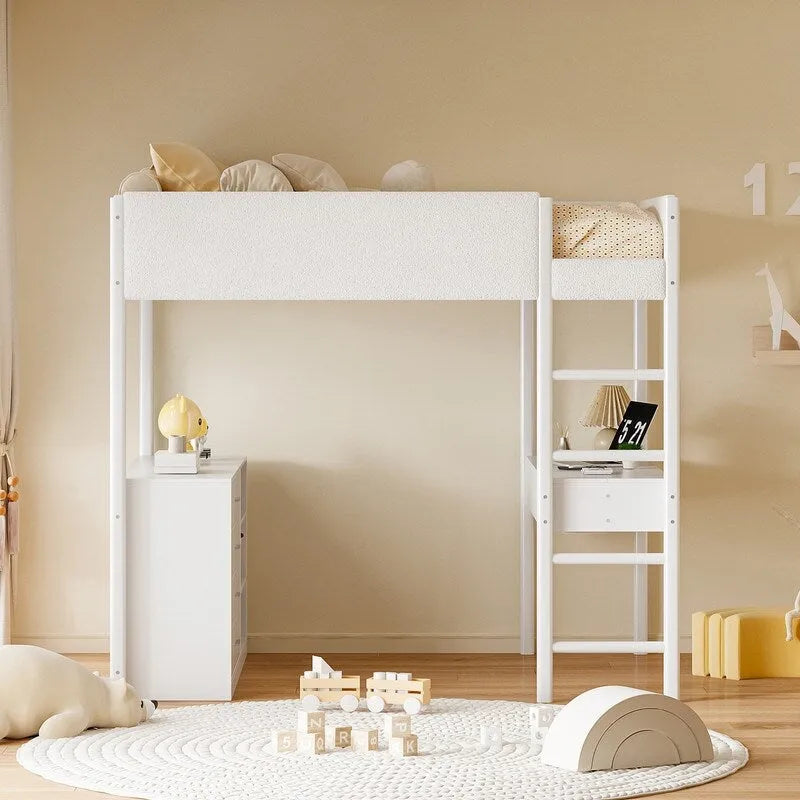 Lit mezzanine en bois avec revêtement en polaire teddy, tiroirs et bureau convertible