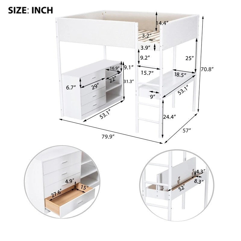 Lit mezzanine en bois avec revêtement en polaire teddy, tiroirs et bureau convertible