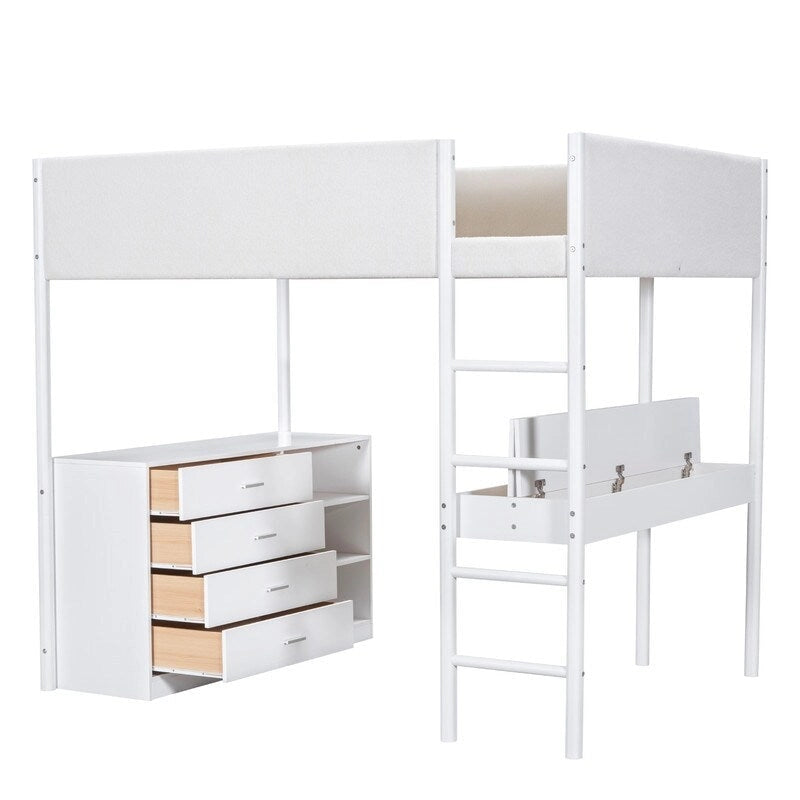 Lit mezzanine en bois avec revêtement en polaire teddy, tiroirs et bureau convertible