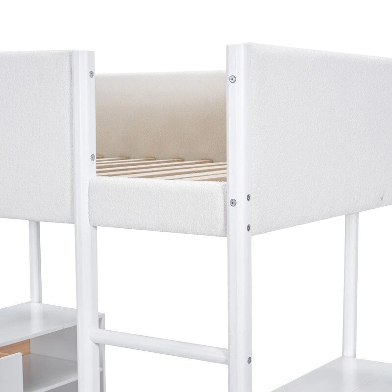 Lit mezzanine en bois avec revêtement en polaire teddy, tiroirs et bureau convertible