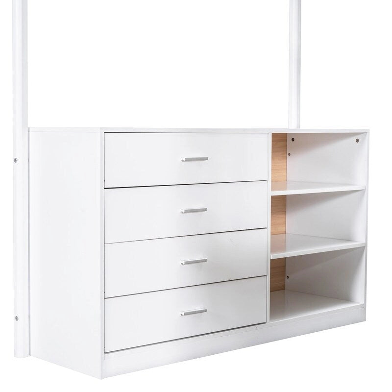 Lit mezzanine en bois avec revêtement en polaire teddy, tiroirs et bureau convertible