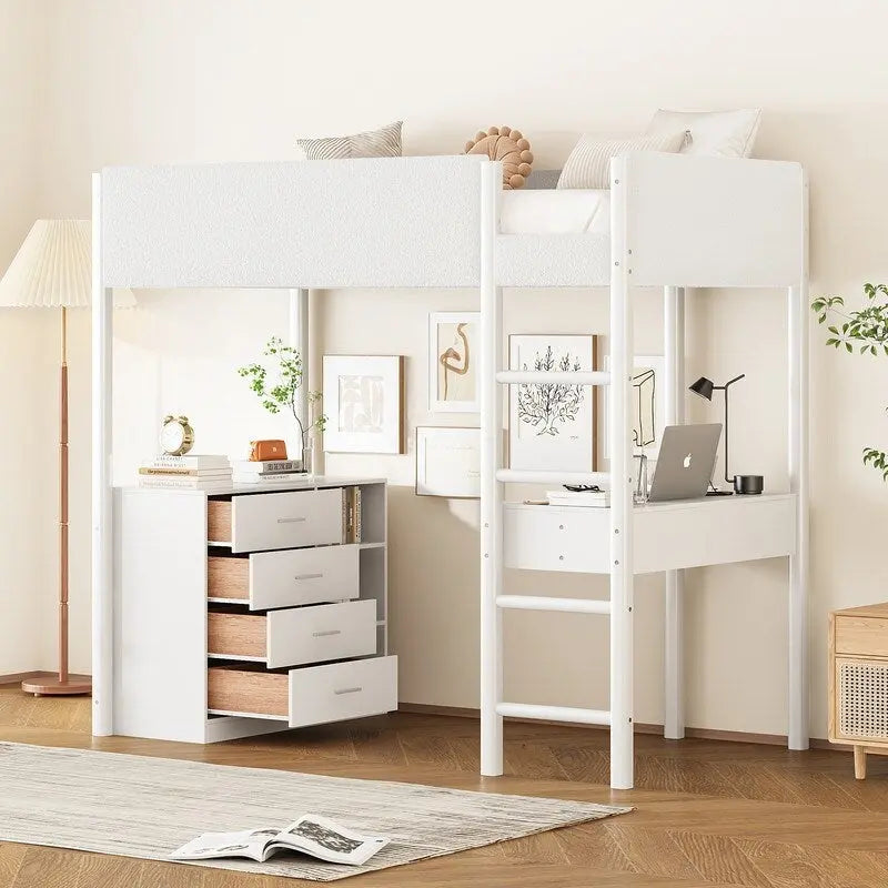 Lit mezzanine en bois avec revêtement en polaire teddy, tiroirs et bureau convertible