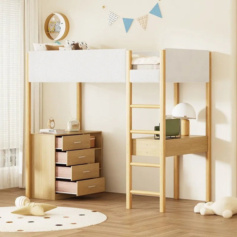 Lit mezzanine en bois avec revêtement en polaire teddy, tiroirs et bureau convertible