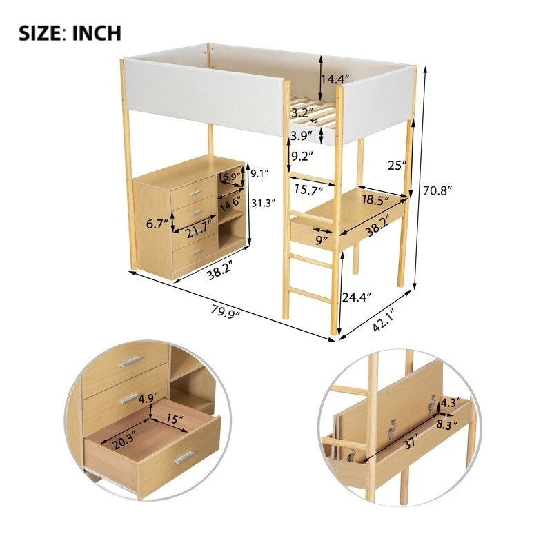 Lit mezzanine en bois avec revêtement en polaire teddy, tiroirs et bureau convertible