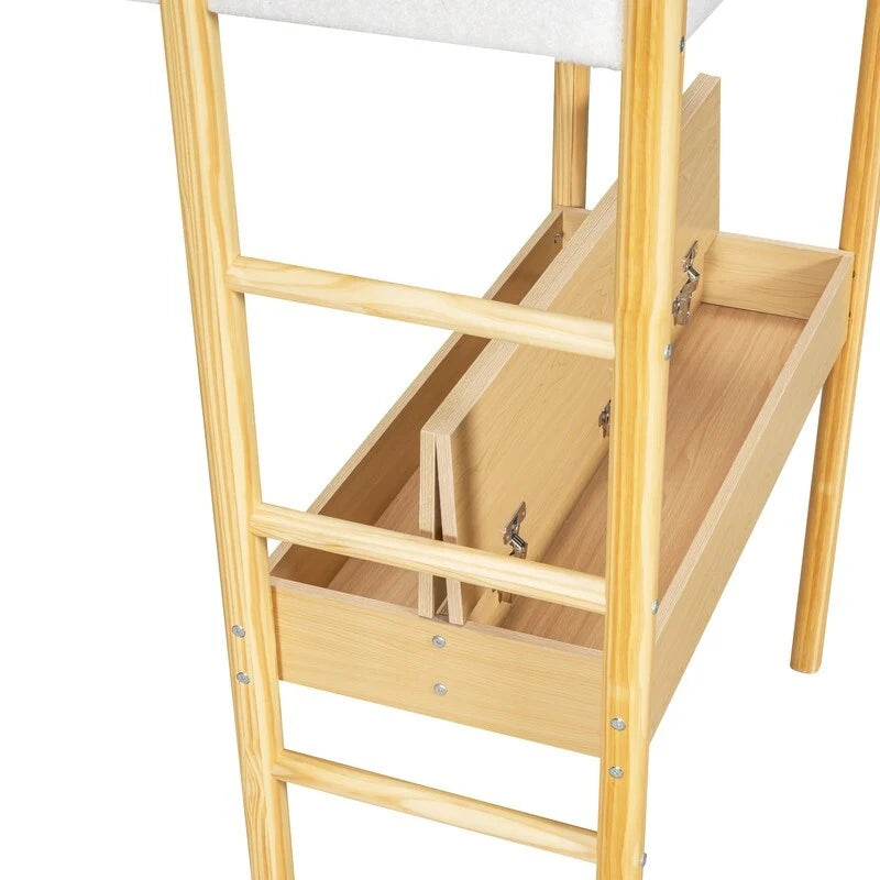 Lit mezzanine en bois avec revêtement en polaire teddy, tiroirs et bureau convertible