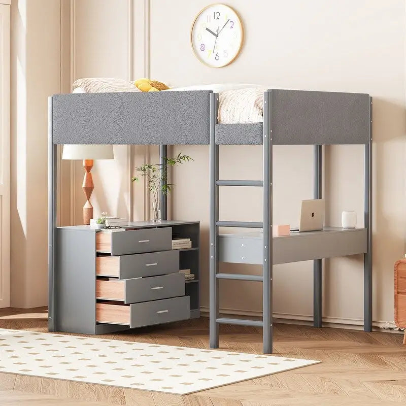 Lit mezzanine en bois avec revêtement en polaire teddy, tiroirs et bureau convertible