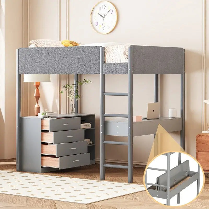 Lit mezzanine en bois avec revêtement en polaire teddy, tiroirs et bureau convertible