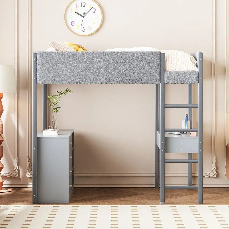 Lit mezzanine en bois avec revêtement en polaire teddy, tiroirs et bureau convertible