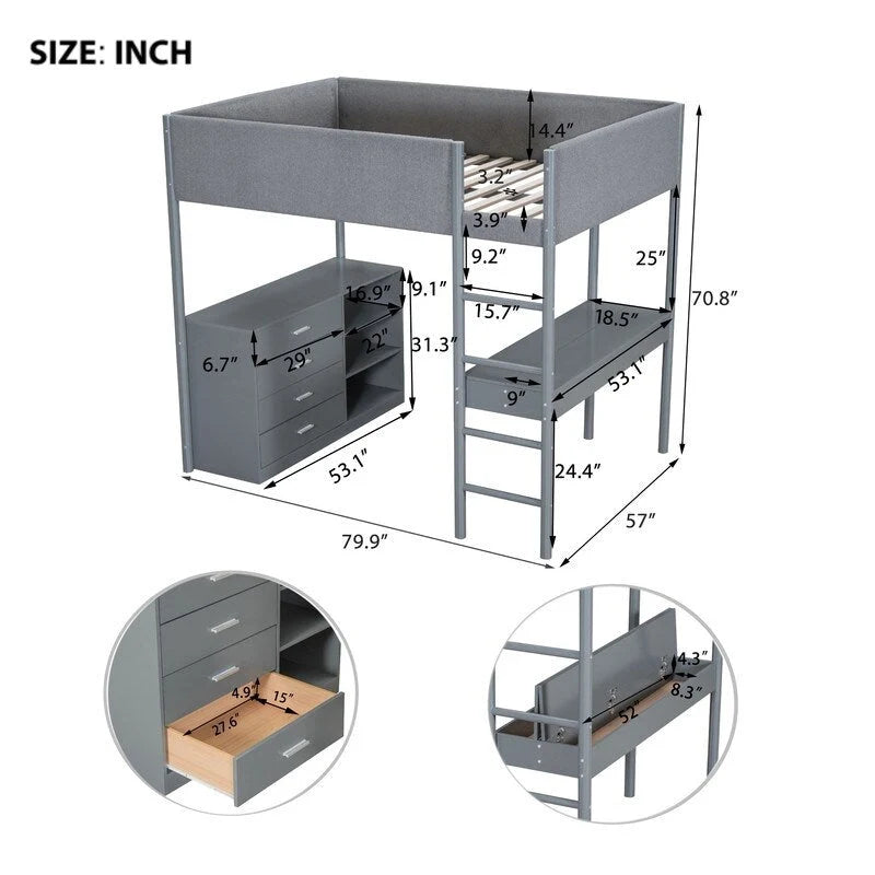 Lit mezzanine en bois avec revêtement en polaire teddy, tiroirs et bureau convertible