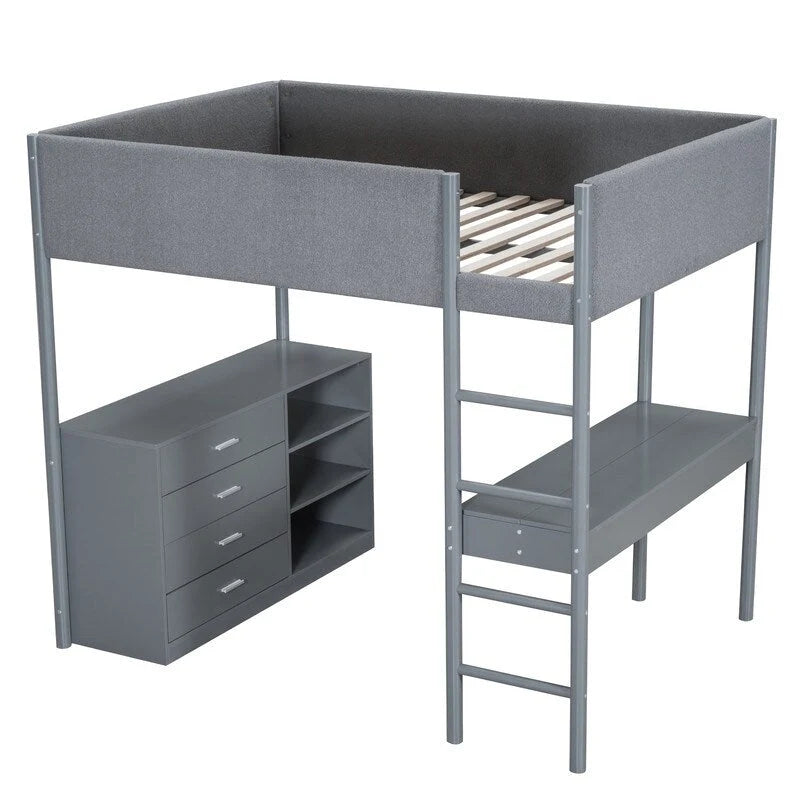 Lit mezzanine en bois avec revêtement en polaire teddy, tiroirs et bureau convertible