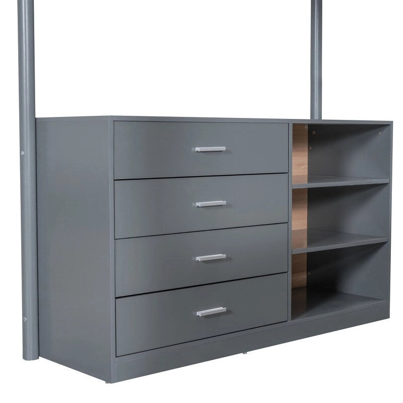 Lit mezzanine en bois avec revêtement en polaire teddy, tiroirs et bureau convertible
