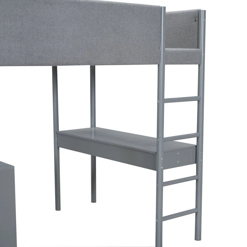 Lit mezzanine en bois avec revêtement en polaire teddy, tiroirs et bureau convertible