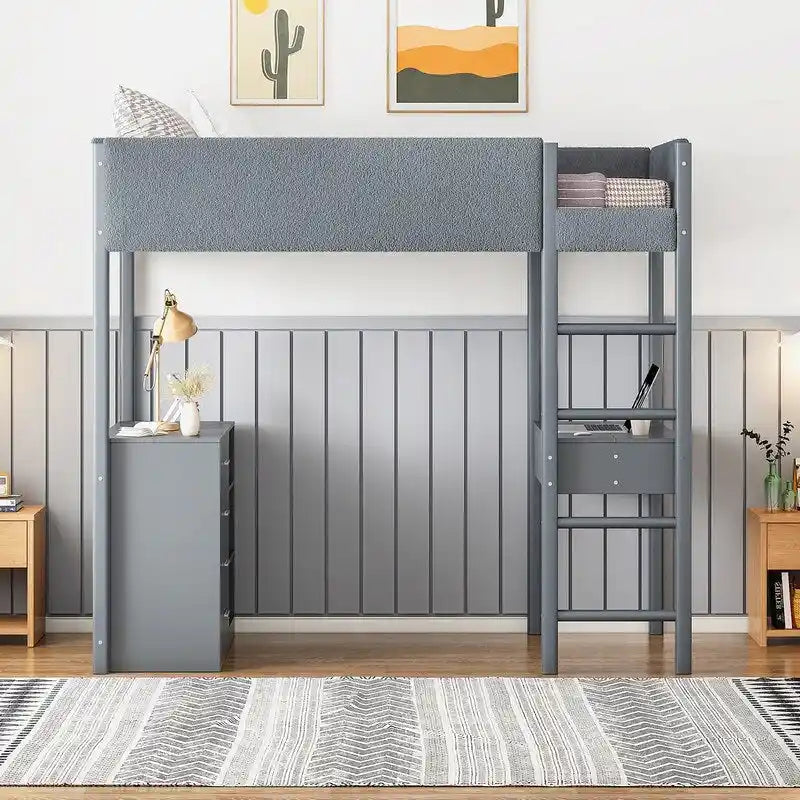 Lit mezzanine en bois avec revêtement en polaire teddy, tiroirs et bureau convertible