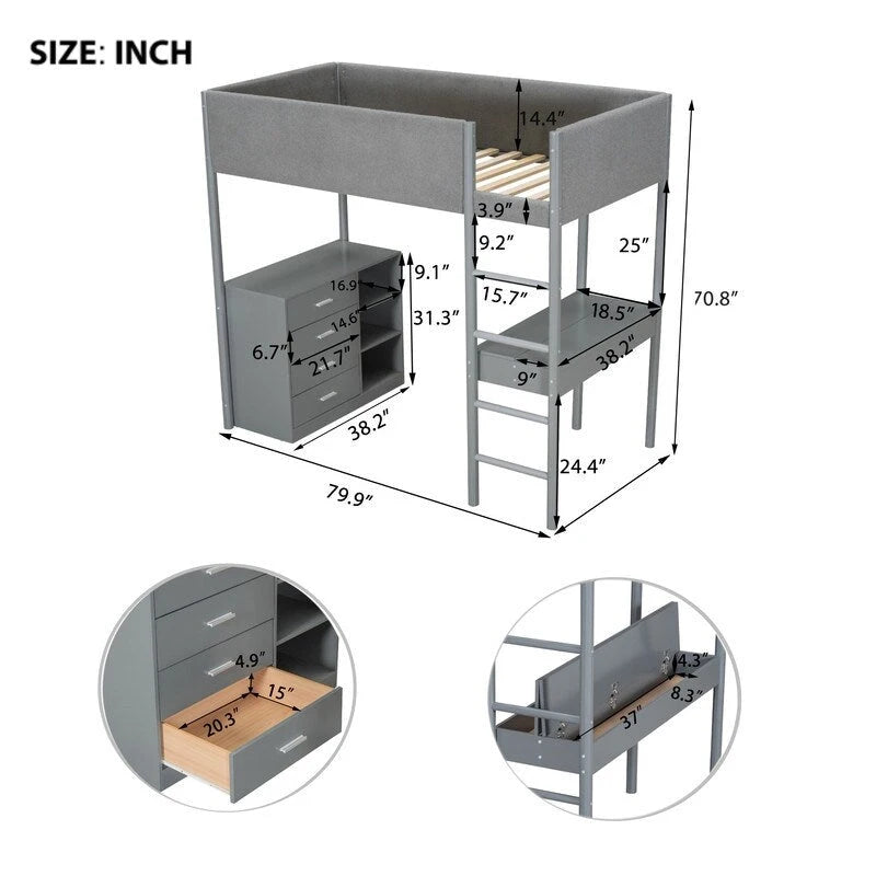 Lit mezzanine en bois avec revêtement en polaire teddy, tiroirs et bureau convertible