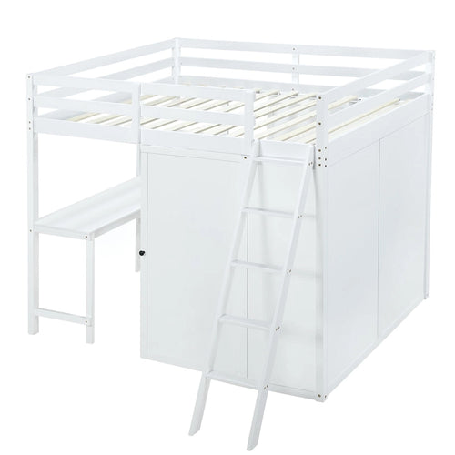 Full Size Loft Bed with Wardrobe and Desk and Shelves
