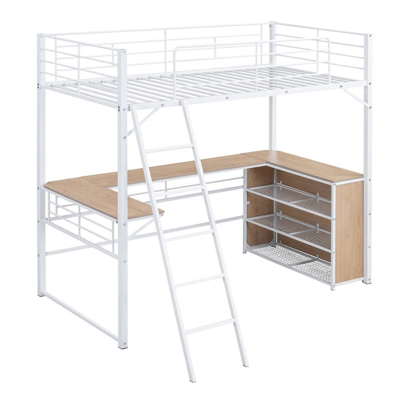 Lit mezzanine en métal avec bureau en L et 3 étagères, échelle réversible