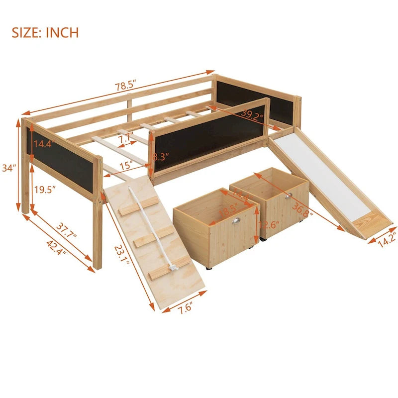 Lit mezzanine une place en bois avec trois ardoises, deux caissons de rangement et un toboggan