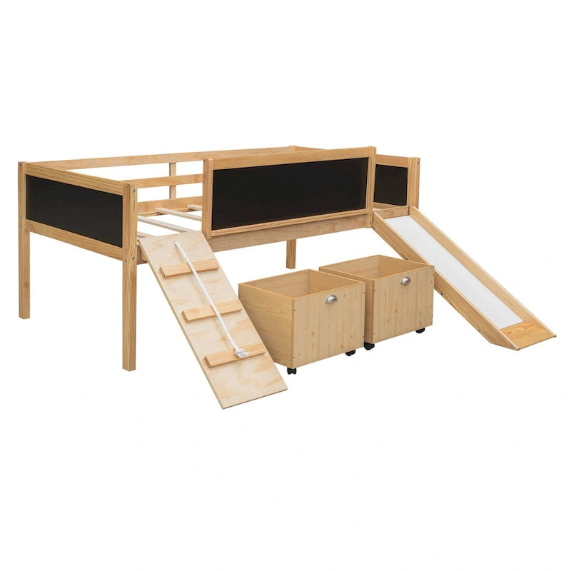 Lit mezzanine une place en bois avec trois ardoises, deux caissons de rangement et un toboggan
