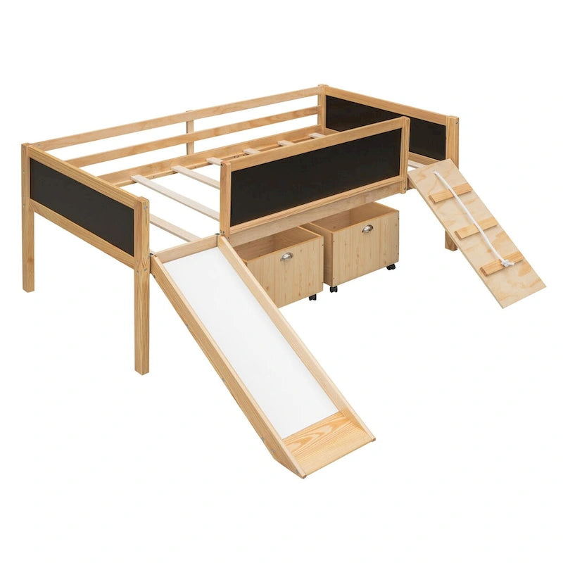 Lit mezzanine une place en bois avec trois ardoises, deux caissons de rangement et un toboggan