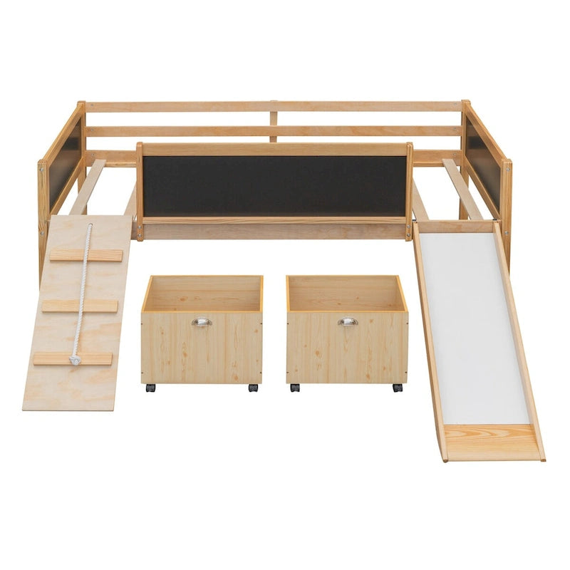 Lit mezzanine une place en bois avec trois ardoises, deux caissons de rangement et un toboggan