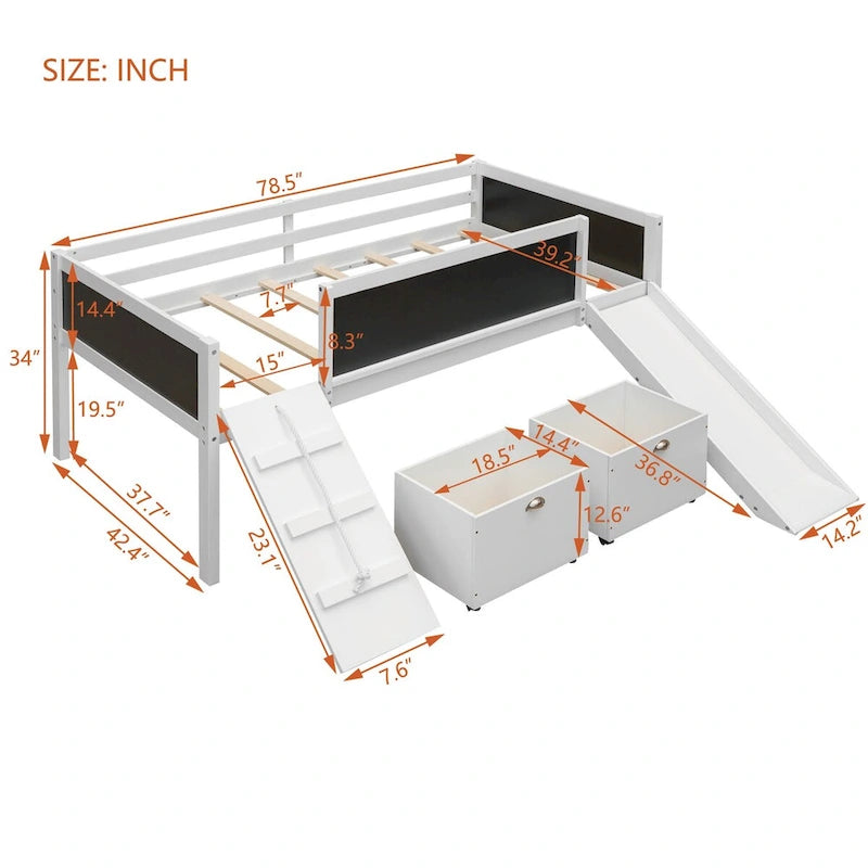 Lit mezzanine une place en bois avec trois ardoises, deux caissons de rangement et un toboggan