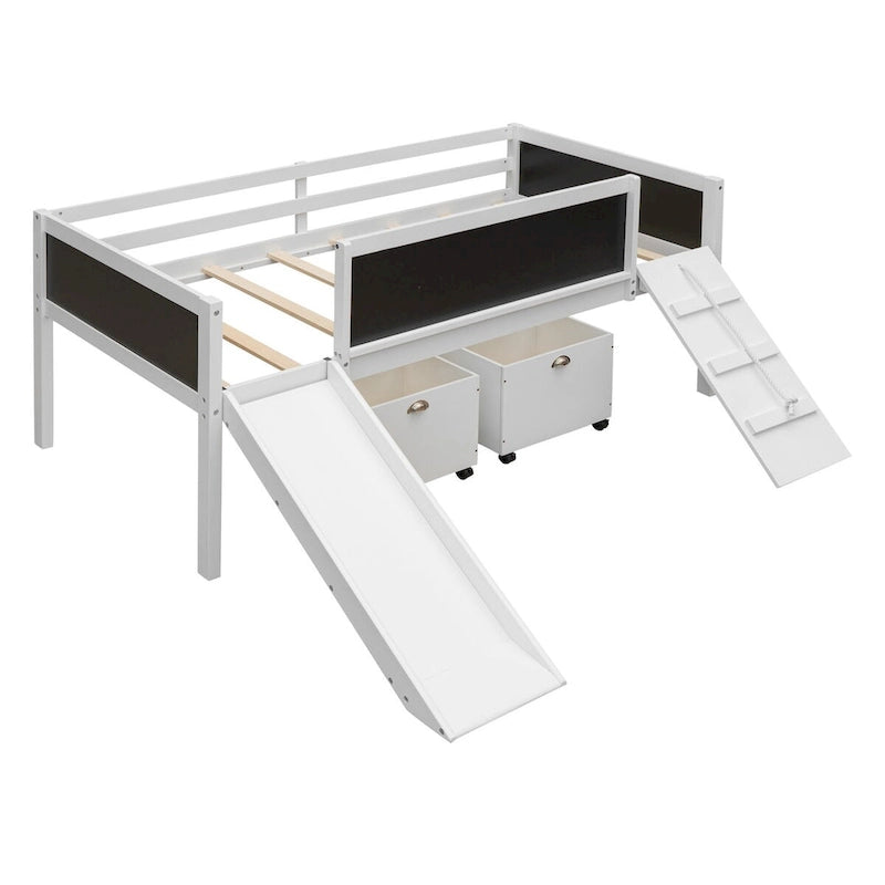 Lit mezzanine une place en bois avec trois ardoises, deux caissons de rangement et un toboggan