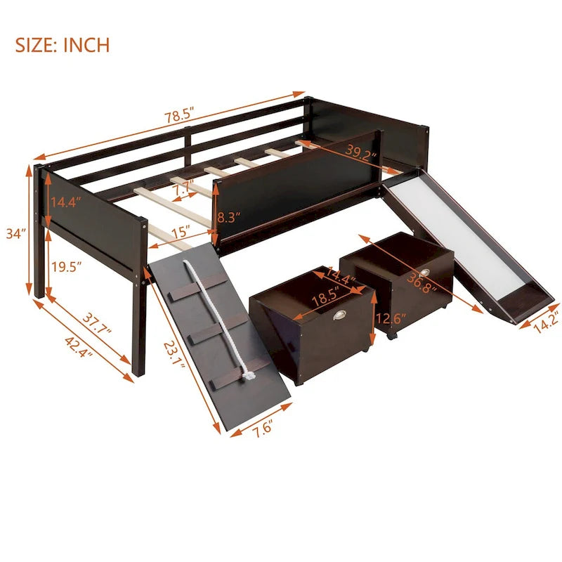 Lit mezzanine une place en bois avec trois ardoises, deux caissons de rangement et un toboggan