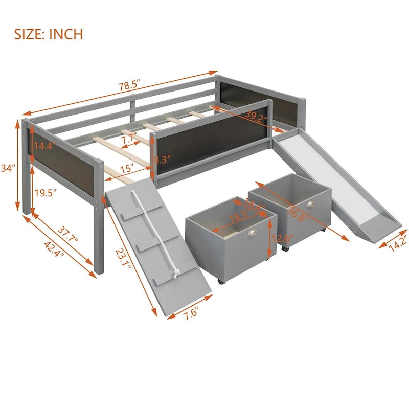 Lit mezzanine une place en bois avec trois ardoises, deux caissons de rangement et un toboggan