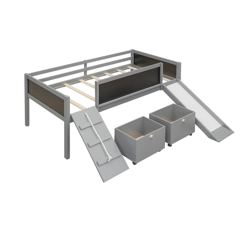 Lit mezzanine une place en bois avec trois ardoises, deux caissons de rangement et un toboggan