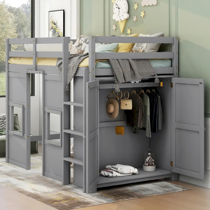 Lit mezzanine en bois pour matelas une place avec armoire de rangement intégrée et 2 fenêtres, garde-corps pleine longueur pour le lit supérieur