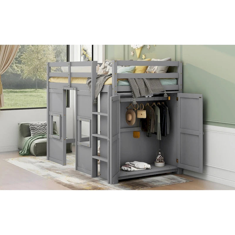 Lit mezzanine en bois pour matelas une place avec armoire de rangement intégrée et 2 fenêtres, garde-corps pleine longueur pour le lit supérieur