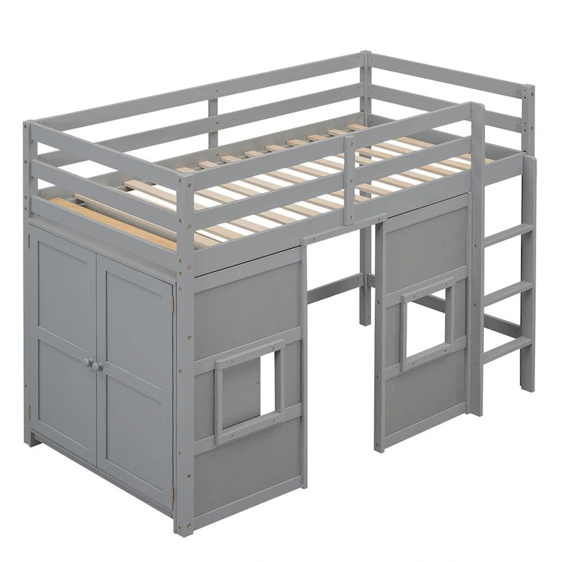Lit mezzanine en bois pour matelas une place avec armoire de rangement intégrée et 2 fenêtres, garde-corps pleine longueur pour le lit supérieur