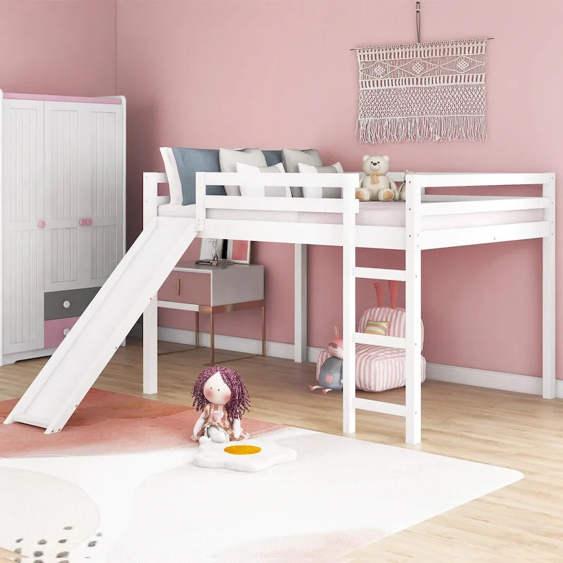 Lit mezzanine avec toboggan, design multifonctionnel, deux places (blanc)