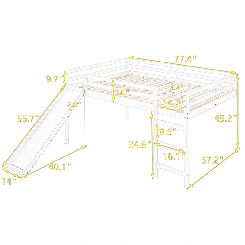 Lit mezzanine avec toboggan, design multifonctionnel, deux places (blanc)