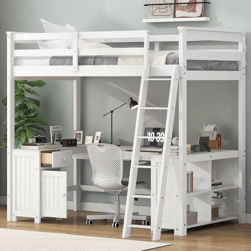 Full Size Loft Bed with U-shaped Desk, Drawers and Storage Shelves