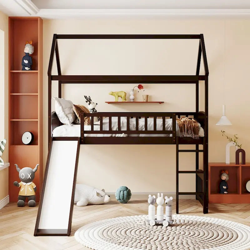 Lit mezzanine double avec toboggan et garde-corps