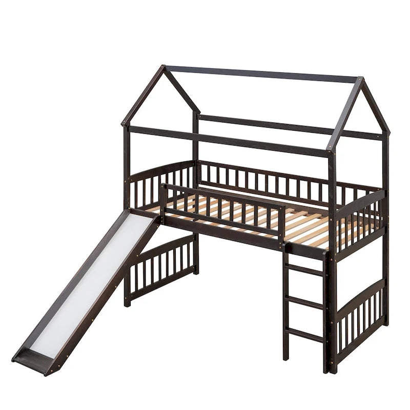 Lit mezzanine double avec toboggan et garde-corps